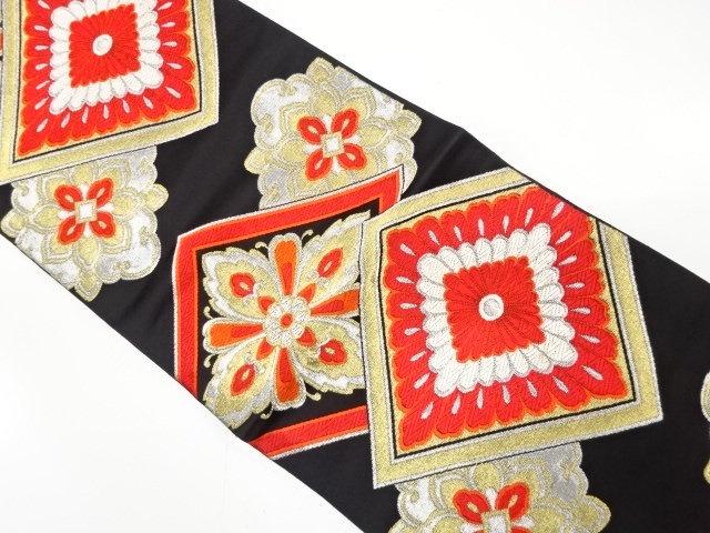 JAPANESE KIMONO / ANTIQUE FUKURO OBI / WOVEN RHOMBUS & FLORAL CREST